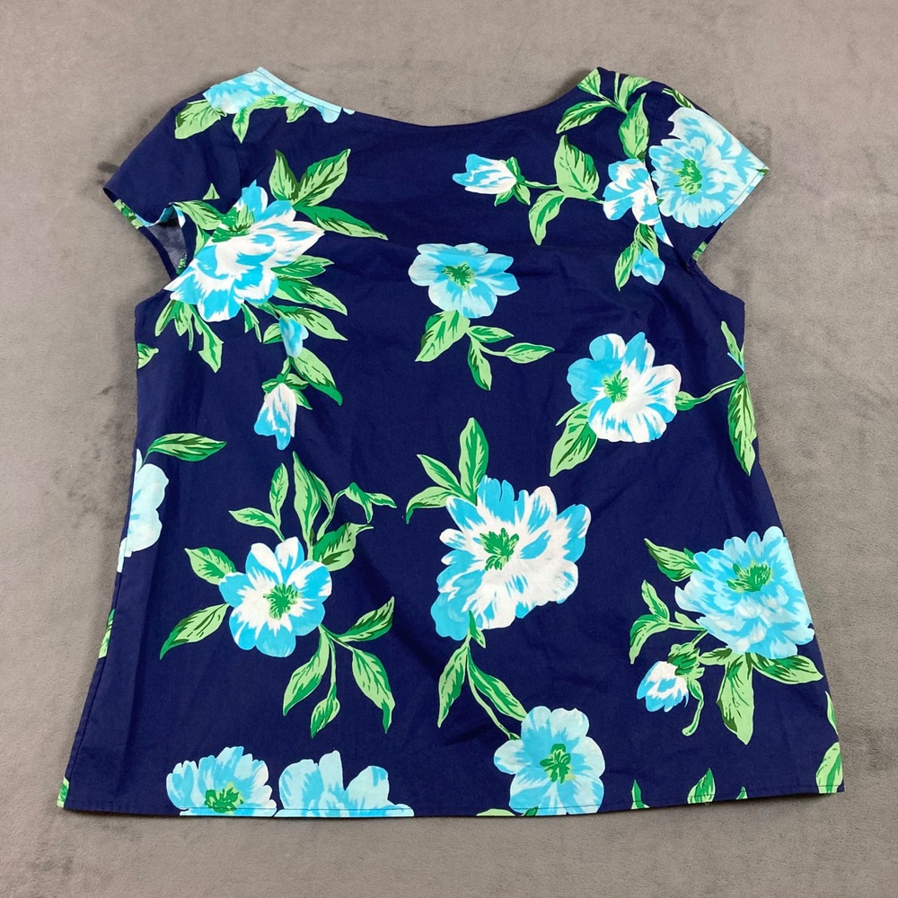 Talbots Womens Small Navy Blue Turquoise Floral Cotton Short Sleeve Blouse Top